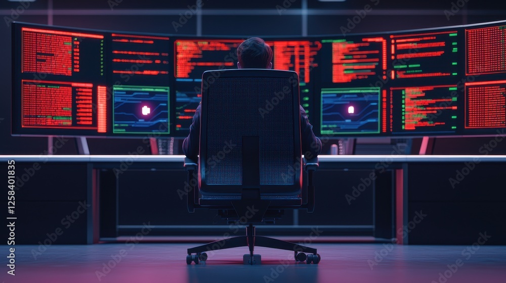 Poster a tech-savvy individual monitors multiple screens displaying data and analytics, bathed in a red glo