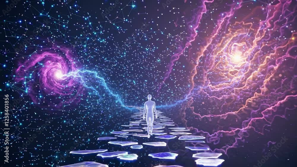 Aufkleber a surreal video scene with a low-angle view of a figure walking on floating stones in a cosmic space