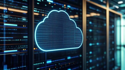 A glowing cloud icon overlaid on a high-tech server background, symbolizing cloud computing and data storage.