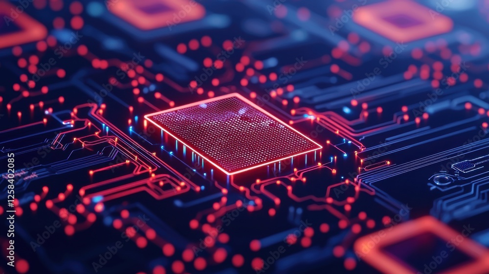 Poster a close-up of a glowing microchip on a circuit board, showcasing intricate patterns and vibrant red 