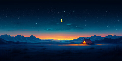 Serene nighttime desert landscape during Ramadan with crescent moon and camp copy space