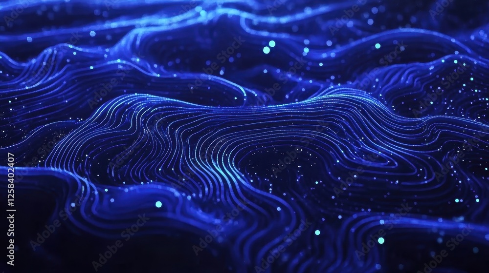 Poster dynamic blue topographic lines flow with luminous particle landscape