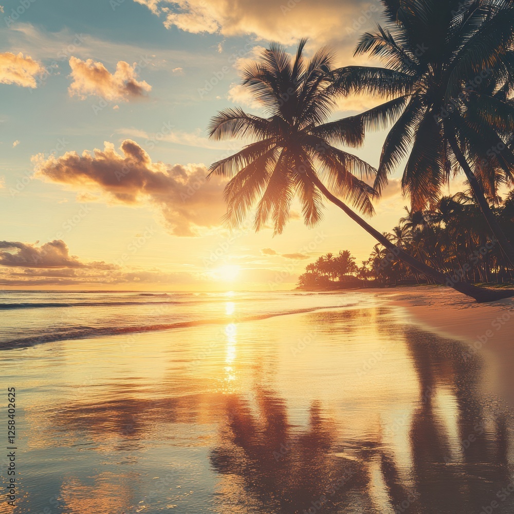 Poster stunning sunset over tranquil beach with palm trees reflecting on the water in a serene coastal para