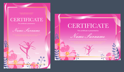 Set of rhythmic gymnastics kids certificates templates. Sport competition award for girls, diplomas with flowers, ribbon, pink colours, gradient background.