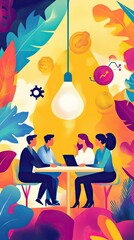Colorful Business Meeting Illustration with Abstract Plants and