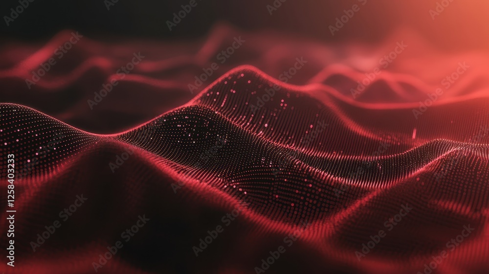 Poster dynamic crimson data landscape with shimmering particles and waves