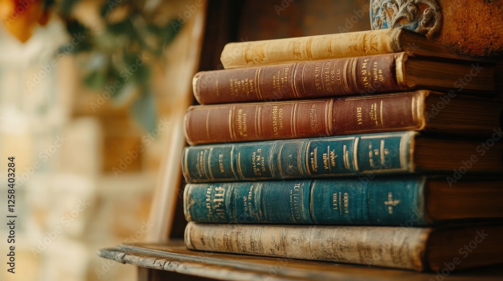 Aufkleber Rustic wooden shelf displaying a stack of vintage books with a blank space for adding your own text or message. Generative AI