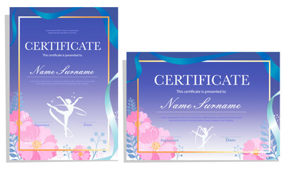 Set of rhythmic gymnastics kids certificates templates. Sport competition award for girls, diplomas with flowers, ribbon, blue, purple, pink colours, gradient background.