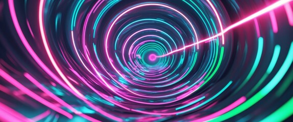 abstract futuristic background portal tunnel with pink blue and green glowing neon moving high speed wave lines and flare light