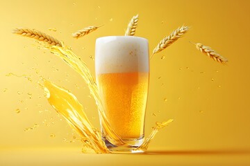 Golden Hour Beer Splash: A tall glass of light beer with a thick head is showcased against a vibrant yellow backdrop, with wheat stalks and dynamic beer splashes adding a sense of lively refreshment.