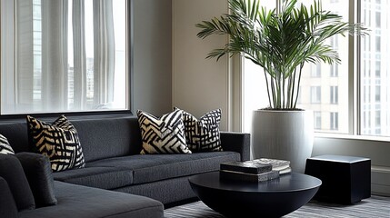 Modern living room interior with dark gray sectional sofa, geometric pillows, large potted plant, and low coffee table.