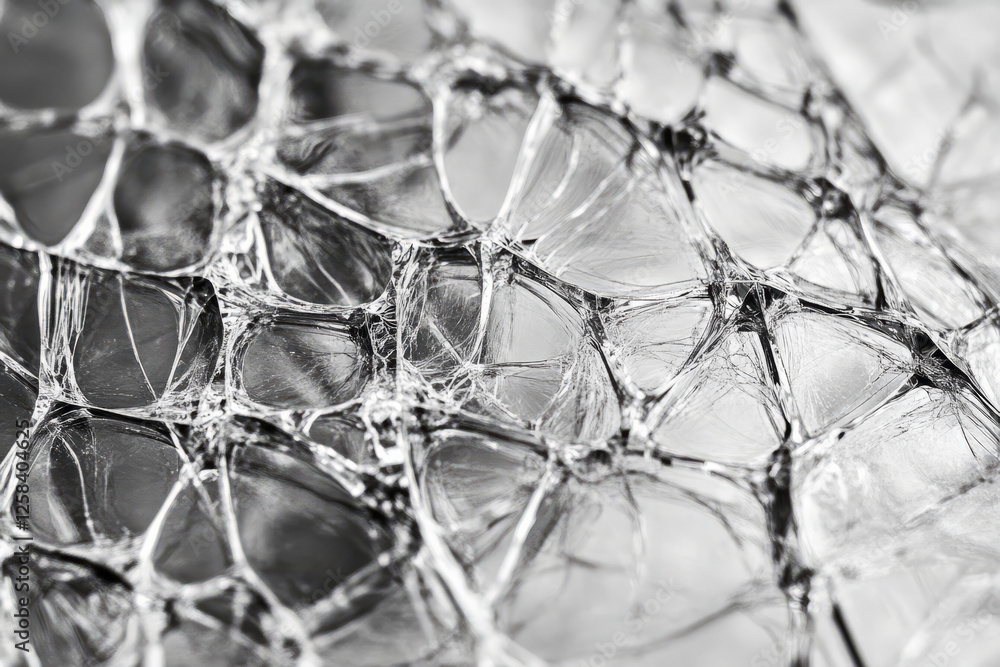 Wall mural macro shot of shattered glass texture, intricate web of cracks forming complex geometric patterns.