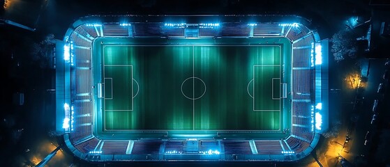 Obraz premium Night Soccer Stadium: Aerial View of Lit-Up Field and Empty Seats. Epic Sports Photography ,