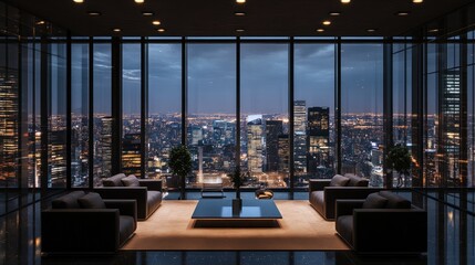 Luxurious penthouse suite with stunning city night view.
