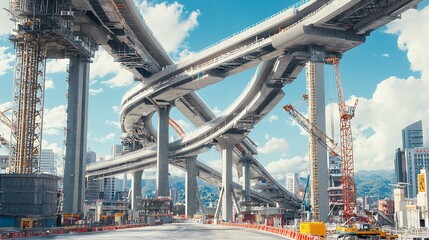 Fototapeta premium Complex highway interchange under construction, showcasing intricate network of roads, bridges, and cranes against a backdrop of city and mountains.