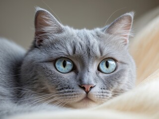 Closeup of a Tranquil Gray Cat with Strikingly Beautiful Eyes That Capture Your Attention.