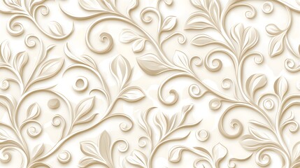 Elegant Cream Floral Relief Pattern with Swirling Vines and Leaves