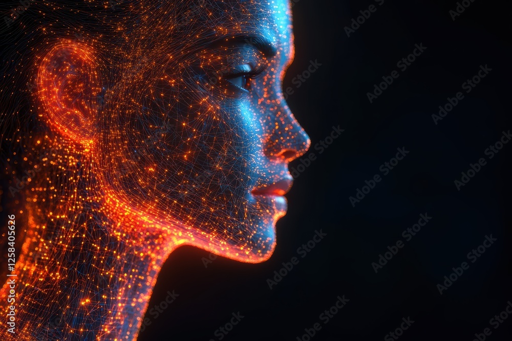 Poster representation of artificial intelligence with glowing network patterns on a human face
