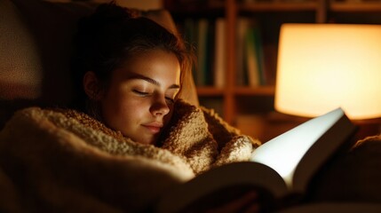 Young caucasian female reading a book in cozy lamp-lit room