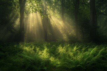 Fototapeta premium Sunbeams pierce through misty forest, illuminating lush ferns.