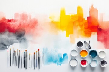 A dreamy watercolor illustration of an artist desk covered in vibrant stationery items, brushes, and sketchbooks