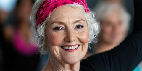 Elderly caucasian woman smiling with pink headband and curly grey hair. National Athletic Training Month