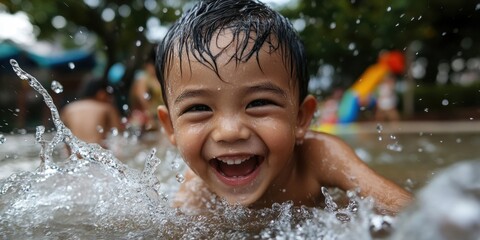 Obraz premium Young asian boy joyfully playing in splashing water at outdoor pool. Week of the Young Child