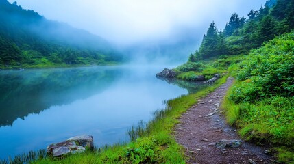 Serene mountain lake with misty fog, reflecting trees and path.
