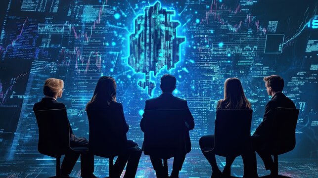 Group Silhouettes In Meeting, Futuristic Technology Background