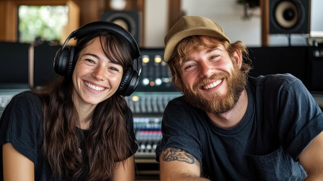 Smiling caucasian young adults in recording studio with headphones and bearded male. International Amateur Radio Month