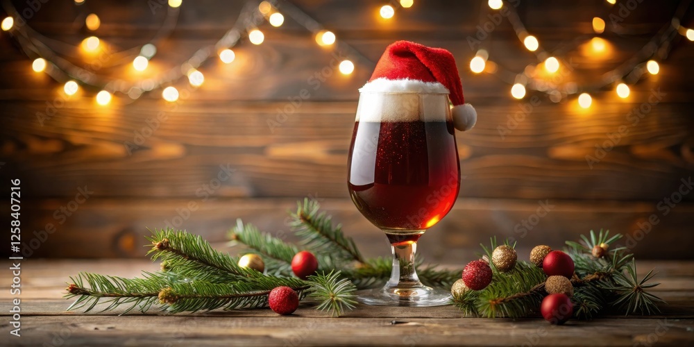 Aufkleber a festive dark beer in a goblet with a santa hat, decorated with evergreen and ornaments on a rustic