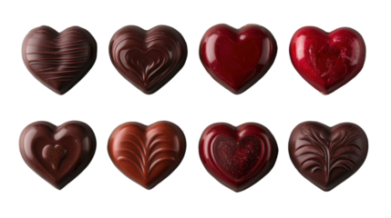 Eight heart-shaped chocolates making a valentine's day gift on transparent background