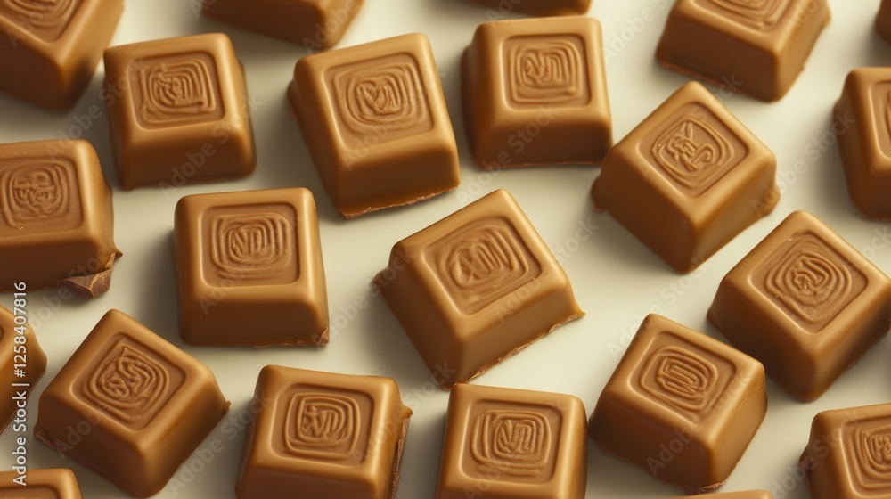 Poster top view of assorted chocolates with letter q on them and milk chocolate chunks in the background