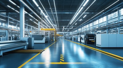 Fototapeta premium Modern factory interior with industrial machinery and clean floor.