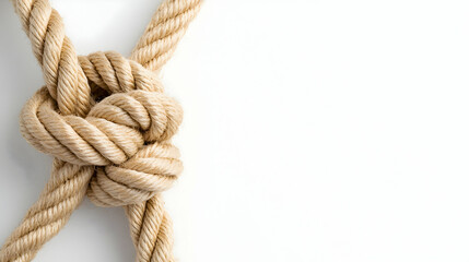 Obraz premium Beige rope knot on white background; nautical theme; copy space