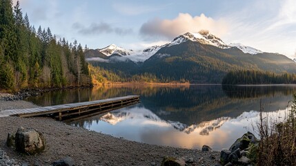 Serene sunrise over a mountain lake reflected in calm water; wooden dock on pebble shore.