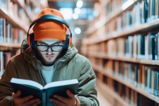 A foreign student sitting in a library, deeply focused on studying