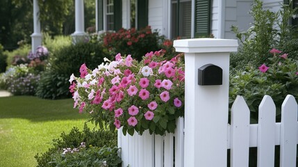 Naklejka premium Front yard features vibrant pink flowers, neatly trimmed shrubs, and an American flag, showcasing a peaceful summer day in a suburb