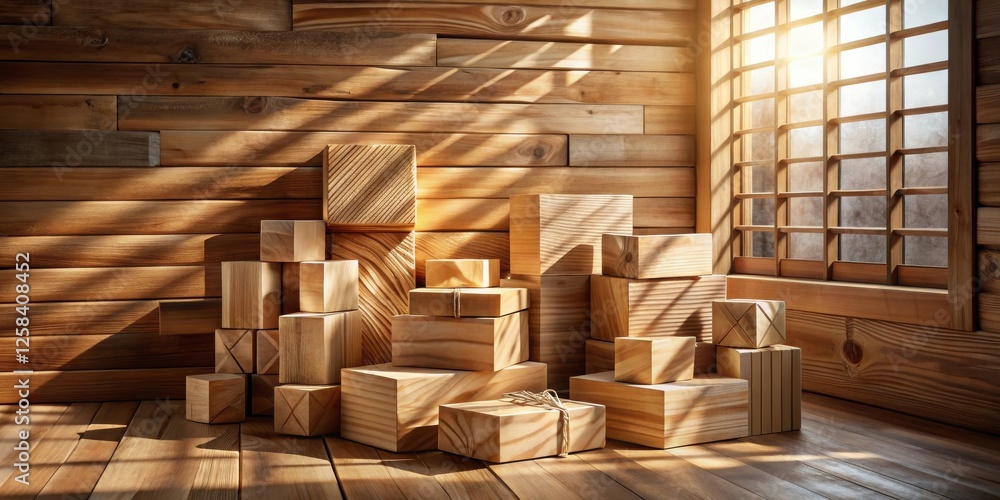 Poster sunlit wooden blocks and boxes arrangement in rustic room