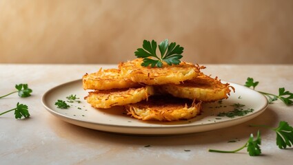 Golden crispy hash browns with parsley garnish