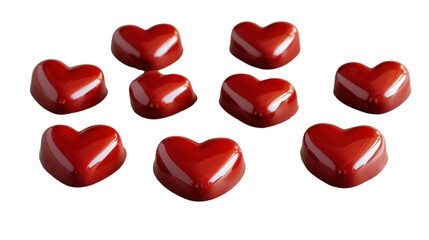 Red chocolate heart candies falling on transparent background