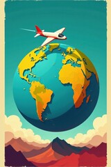 Naklejka premium Retro-style vector globe with a stylized plane taking off at the center, travel, planes