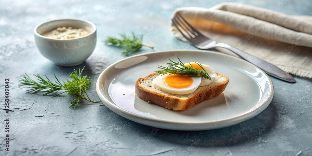 Poster a simple yet elegant breakfast soft boiled eggs atop a slice of bread, garnished with fresh herbs