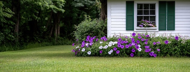 Fototapeta premium Front yard features vibrant pink flowers, neatly trimmed shrubs, and an American flag, showcasing a peaceful summer day in a suburb