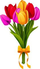 Valentines day tulips bouquet. Cartoon yellow, pink and red tulip flowers tied with a bow, symbolizing love and celebration for anniversaries or romantic holidays. Isolated vector flowers arrangement