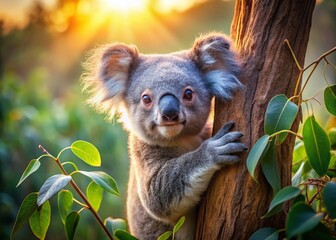 Fototapeta premium Adorable Koala Hugging Eucalyptus Tree Branch, Australian Wildlife in Natural Habitat