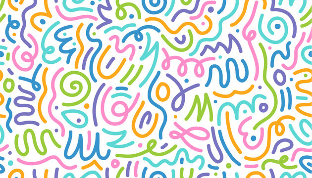 Color line squiggle shape seamless pattern. Vector abstract background filled with colorful swirls and loops in pink, blue, green, orange and purple, exudes playfulness, energy, and kids creativity
