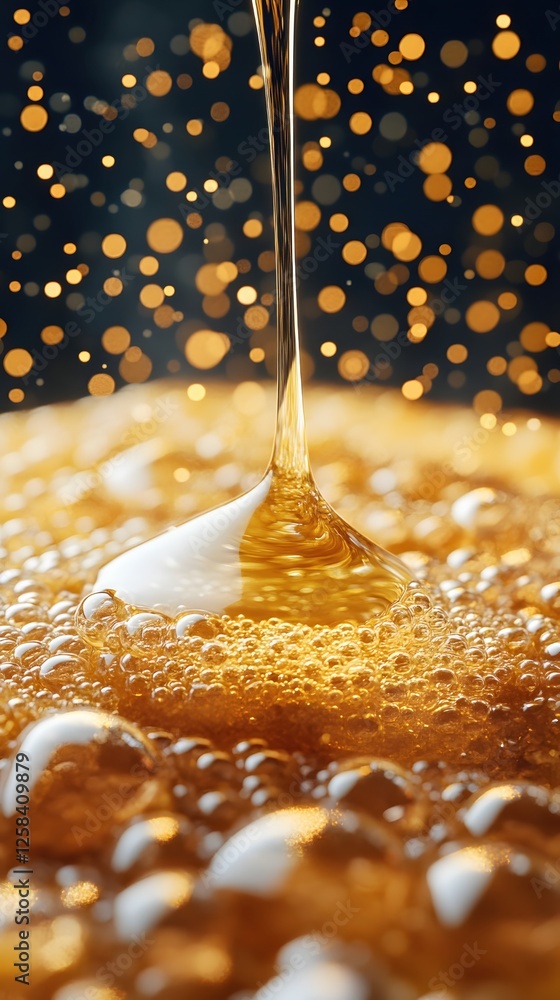 Poster golden liquid cascade abstract macro shot with bubbles and bokeh lights background