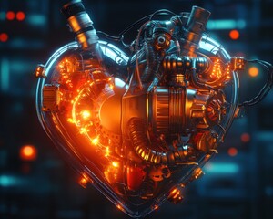Futuristic heart made of mechanical components.