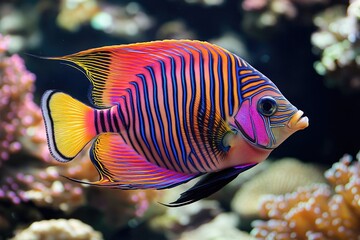 A colorful pink and blue striped fish swimming in an aquarium, surrounded by coral reefs and other marine life.